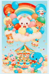 Fototapeta premium Colorful cartoon animals with balloons and a carousel under a rainbow in a playful scene