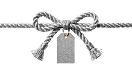 Silver rope tied in a bow with a blank tag, isolated on transparent background © Alexander
