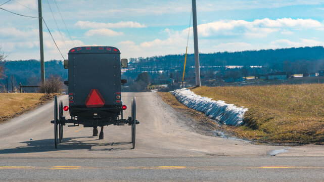 A horse-drawn buggy moves down a rural road. The scene shows fields on both sides with some snow remaining. The sun shines brightly as the buggy heads towards the distant hills.