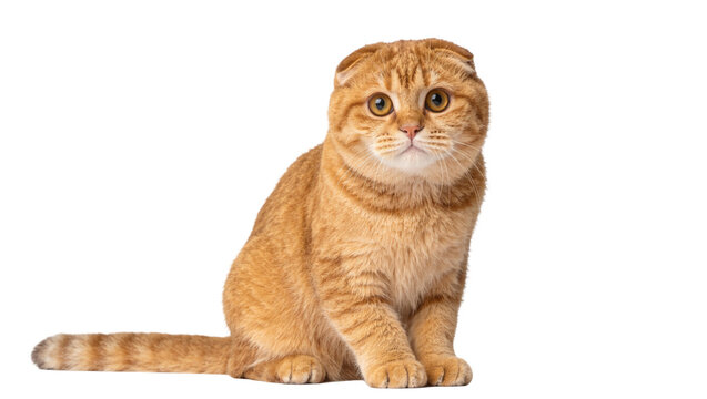 Orange Scottish Fold cat sitting, isolated on transparent background