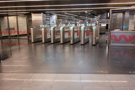Metal turnstiles at Moscow metro station Delovoy Center