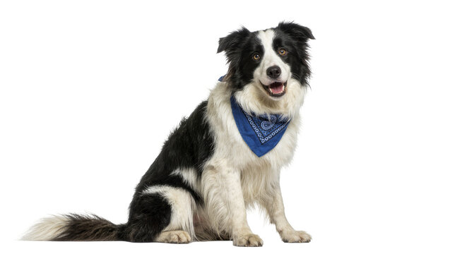 Black and white Border Collie dog wearing a blue bandana, isolated on transparent background
