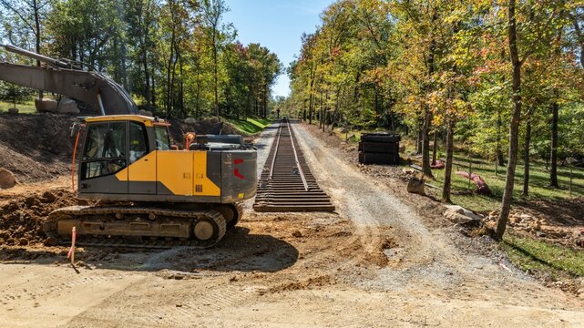 A machine operates near newly laid railway tracks in a forested area. The ground is disturbed from construction work. Trees surround the site.