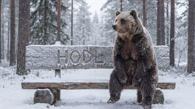 HODL in Bear Market concept. Bear on bench in winter with HODL carved into it, symbolizing a stock or crypto investing theme. Metaphor for holding in market volatility. Video made using Generative AI.