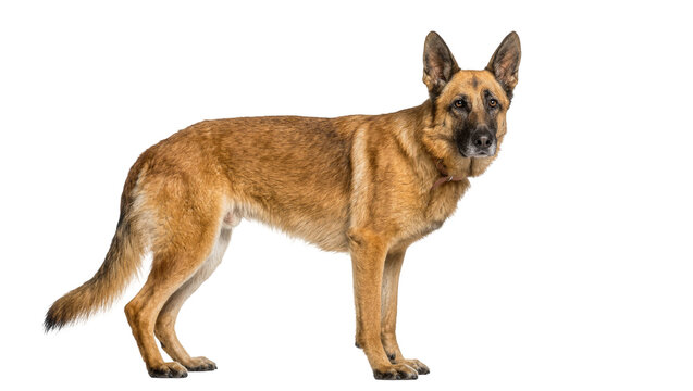 Alert Belgian Malinois dog standing, isolated on transparent background