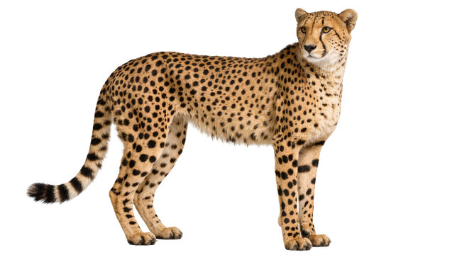 Spotted cheetah standing alert, isolated on transparent background