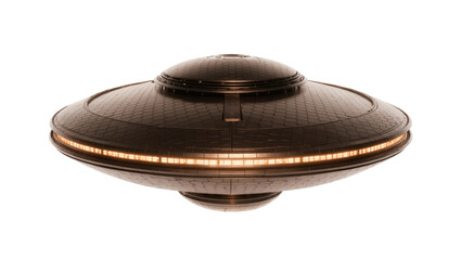 Dark metallic flying saucer with glowing orange lights, isolated on transparent background © Alexander