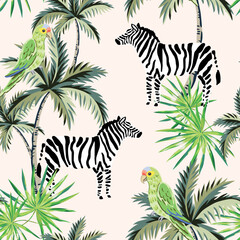 Fototapeta premium Tropical zebra, green parrots, palm trees, leaves, blush background. Seamless pattern. Vector illustration. Exotic plants, animals, birds. Summer beach design. Paradise nature