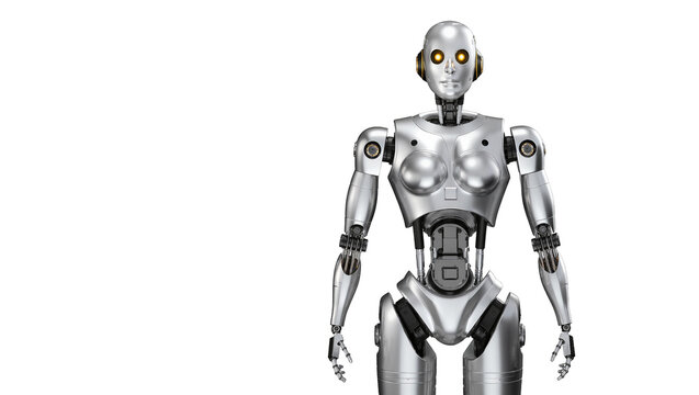 Humanoid robot with metallic silver body and glowing yellow eyes, isolated on transparent background