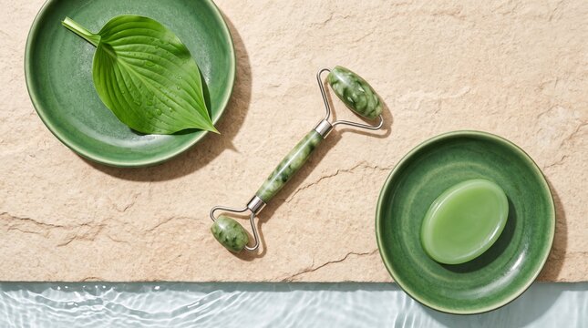 Eco spa flatlay with algae green jade tools