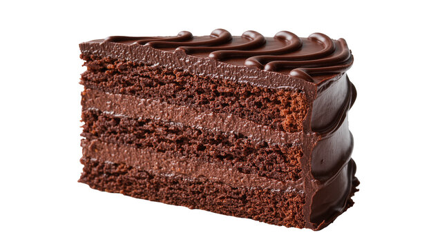 Rich chocolate cake slice with creamy frosting and swirls, isolated on transparent background