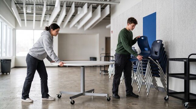 Students prepare cafeteria seating for an assembly