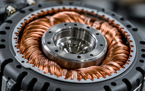 A close-up view of a motor stator with copper windings and metal casing