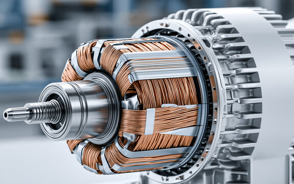 A close-up view of a motor stator with copper windings and metal casing