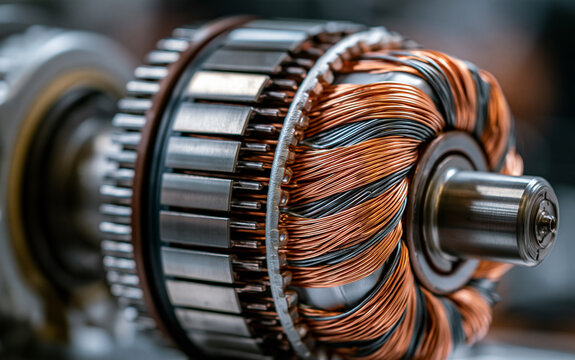 A close-up view of a motor stator with copper windings and metal casing