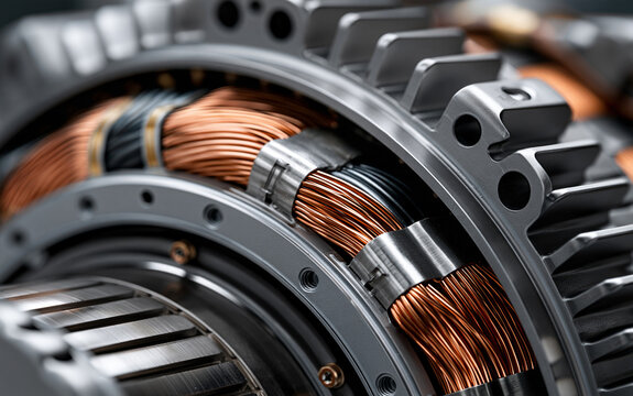 A close-up view of a motor stator with copper windings and metal casing