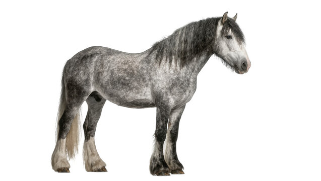 Majestic dapple grey shire horse with flowing mane and tail, isolated on transparent background