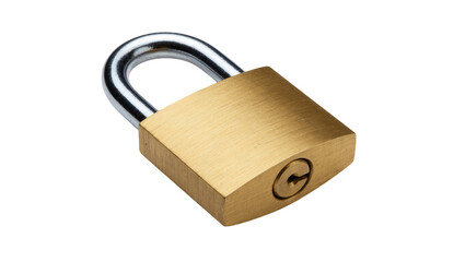 Brass padlock with silver shackle, isolated on transparent background