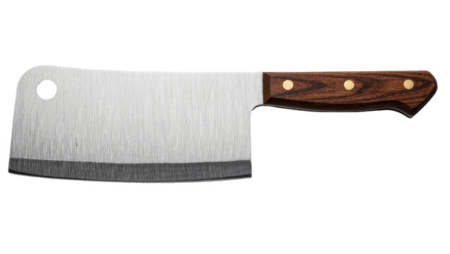 Heavy duty stainless steel cleaver with wooden handle, isolated on transparent background