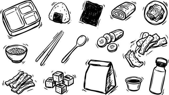 Hand drawn Korean and Japanese lunch box elements vector set. Bento and Dosirak doodle collection featuring onigiri, chopsticks, kimchi, tofu, and meal prep ingredients.