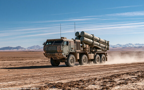 Missile launcher vehicle driving across desert landscape, showcasing military technology and equipment under a clear blue sky