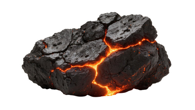 Cracked volcanic rock with glowing orange lava fissures, isolated on transparent background