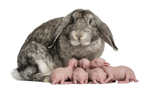 Fluffy grey lop-eared rabbit mother protecting newborn pink hairless babies, isolated on transparent background