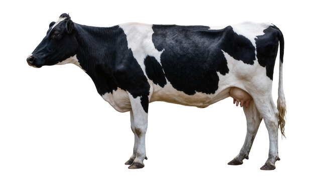Black and white Holstein Friesian cow with udder, isolated on transparent background