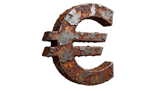 Corroded rusty metal euro symbol with rivets, isolated on transparent background
