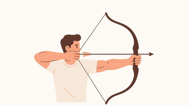 Flat Vector Illustration of a Young Man Drawing a Bow and Arrow with Focused Expression, Minimalist Design
