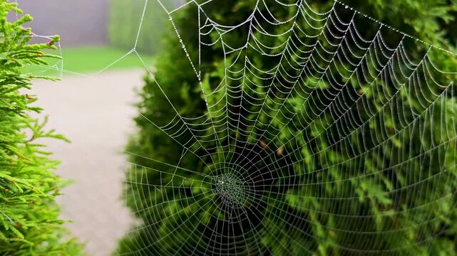 Spider web covered with dew drops among green foliage, close-up photo, detailed macro nature background. 4K video footage