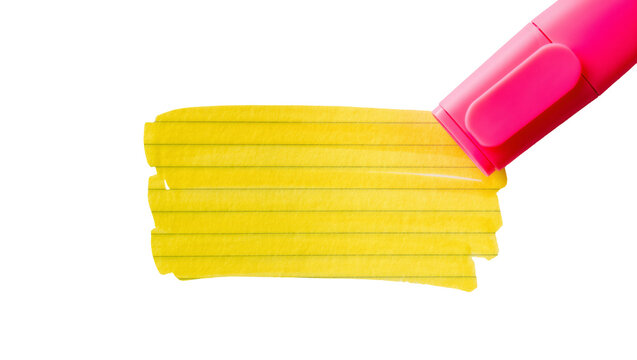 Pink highlighter pen marking yellow lined paper, isolated on transparent background