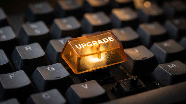 Upgrade key on mechanical keyboard, glowing amber translucent keycap with upgrade text, modern computer hardware improvement concept