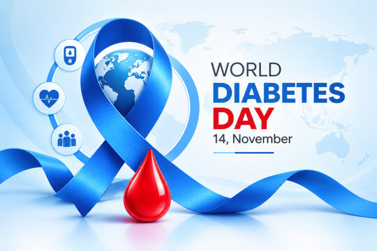 World diabetes day blue ribbon with globe and blood drop for medical healthcare social media.