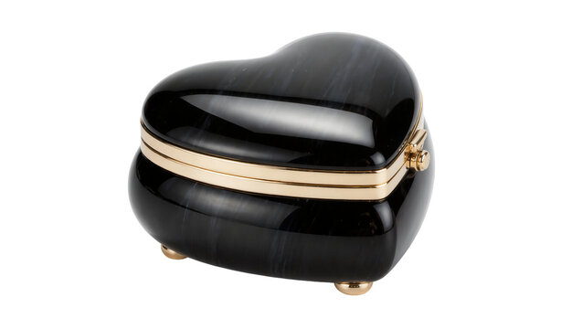 Black heart-shaped polished stone jewelry box with gold trim, isolated on transparent background