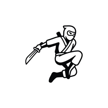 Martial artist ninja warrior in action pose with sword.