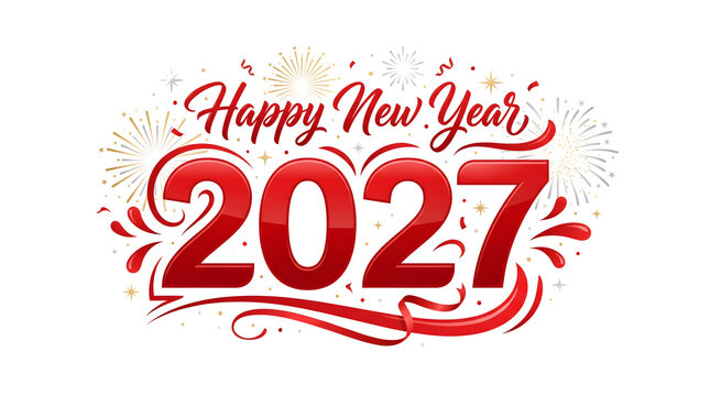 Happy New Year 2027 red fireworks display