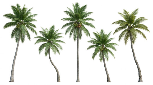 Five lush green coconut palm trees with coconuts isolated on a transparent background