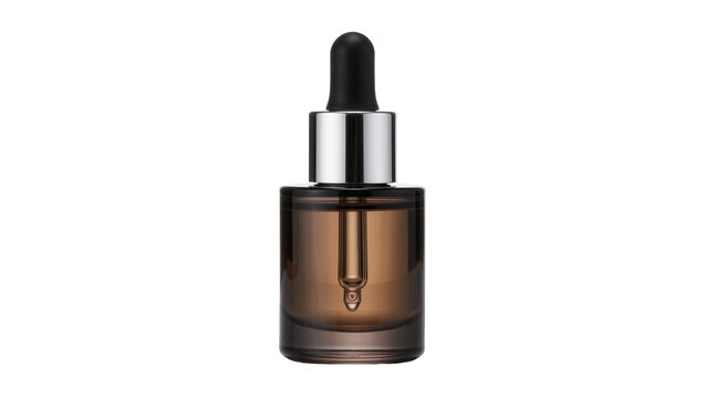 Amber glass dropper bottle with silver collar and black rubber bulb, isolated on transparent background