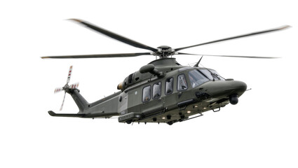 Military green helicopter with spinning rotors, isolated on transparent background © Alexander