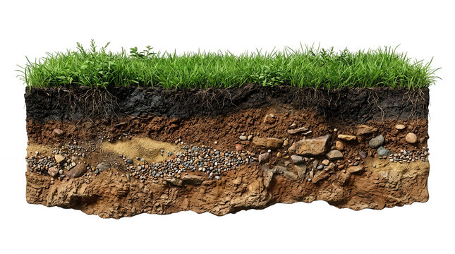 Cross section of lush green grass and soil layers isolated on a transparent background