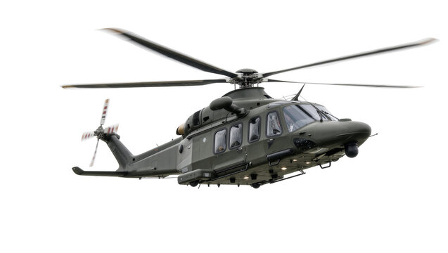 Military green helicopter with spinning rotors, isolated on transparent background