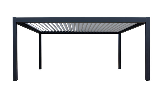 Modern dark grey metal pergola with adjustable louvred roof, isolated on transparent background