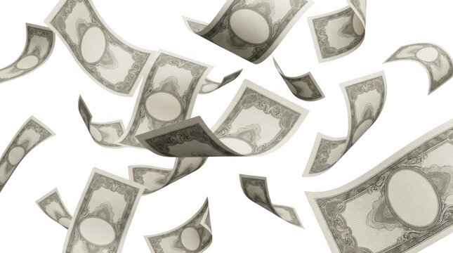 Falling banknotes with ornate borders against black isolated on a transparent background