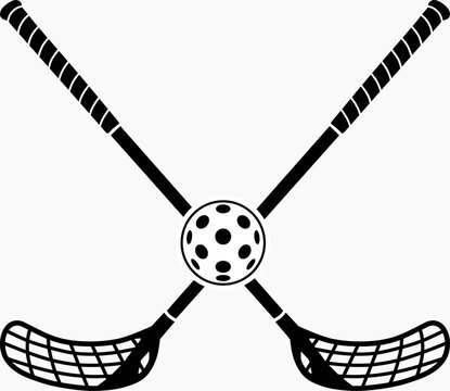 Floorball sticks and ball. Crossed sports equipment. Indoor hockey game concept