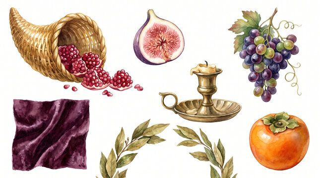 Watercolor harvest abundance set featuring a cornucopia with pomegranates, sliced fig, grape cluster, brass candlestick, persimmon, bay leaves, and purple velvet cloth. Autumn feast assets