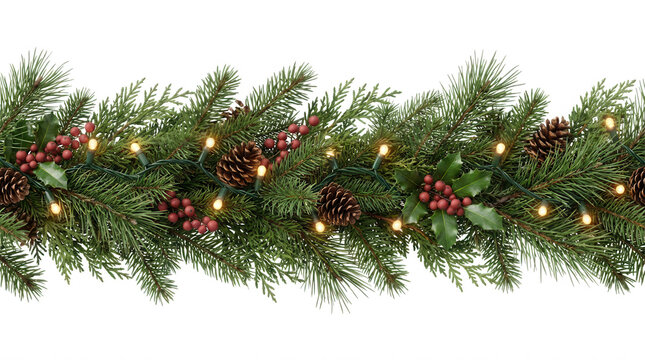 Evergreen Christmas garland with pine cones holly berries and lights isolated on a transparent background