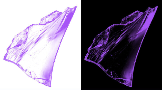 Purple crystal shard with sharp edges, translucent amethyst glass fragment on white and black background, abstract mineral stone texture