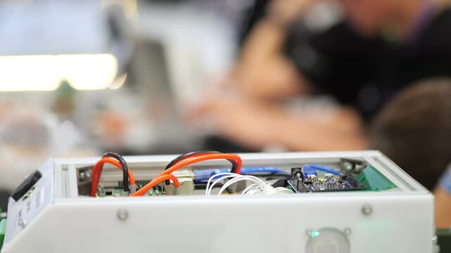 Close-up of electronic device with wires and circuit board. Background shows blurred people in indoor setting. Focus on technical components inside white box. Suitable for tech, engineering