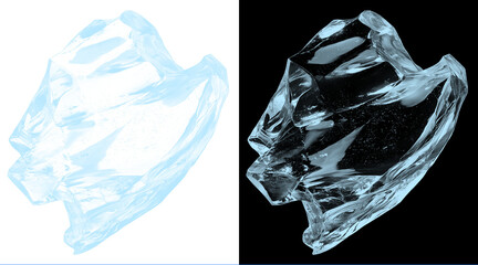 Crystalline ice block with jagged edges, frozen water sculpture on black and white background, transparent glacial fragment for beverage advertising © Nurshita